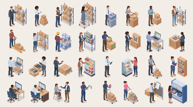 illustration of diverse warehouse workers managing inventory and shipping processes in a modern logistics facility