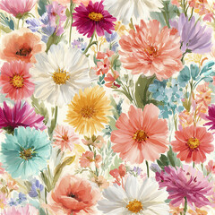Fototapeta premium Seamless watercolor floral pattern with cheerful colorful flowers in soft pastel tones