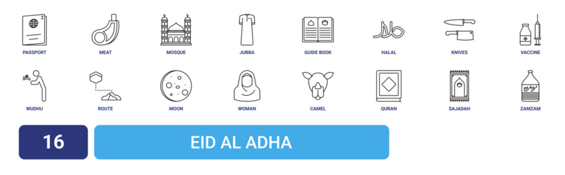 Set of 16 outline web Eid Al Adha icons such as zamzam, sajadah, Quran, camel, woman, moon, route vector icons for report, presentation, diagram, web design, mobile app