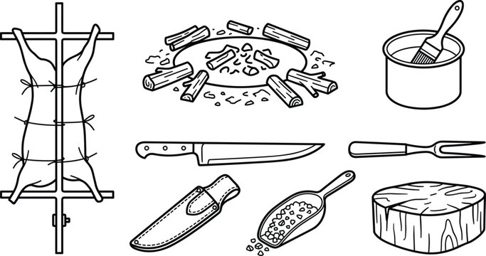 Traditional Patagonian Asado Roasted Lamb Vector Elements Set Featuring Whole Sheep Cross Spit Fire Pit Sauce Pot Brush Knife Carving Fork and Stump Line Art