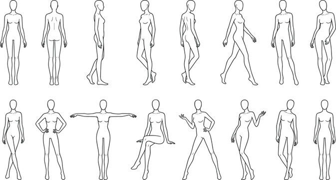 Female Fashion Model Croquis Line Art Icon Set Vector Collection Featuring Blank Mannequin Poses, T-Pose, Sitting, Walking, Front, Back, Side Views