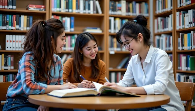 Three young women are seated around a circular table in a library, engaged in a discussion or study session
