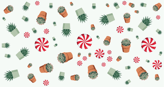 festive holiday pattern with potted plants peppermint candies and green foliage on light background