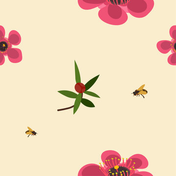 Seamless pattern with manuka flowers and honey bees, floral vector background for cosmetic packaging
