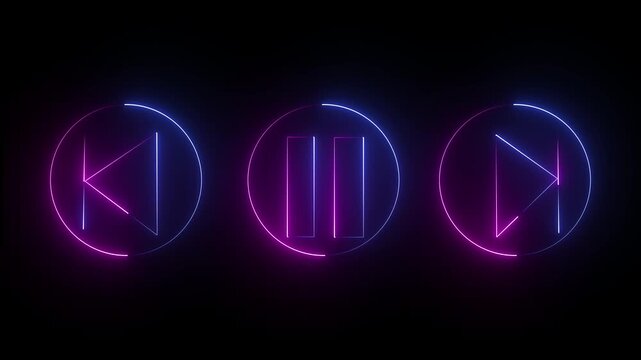 Glowing neon sounds play, next and previous arrow button symbols icon. Musical arrow button symbol. neon arrow sign.4k animation,,,,