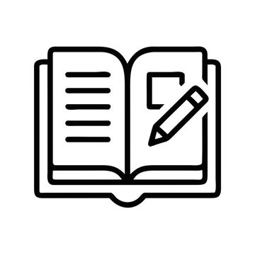 Open book with pen icon. Education and writing concept. Minimalist line art symbol isolated on white background. Graphic element for website, app interface. Vector illustration