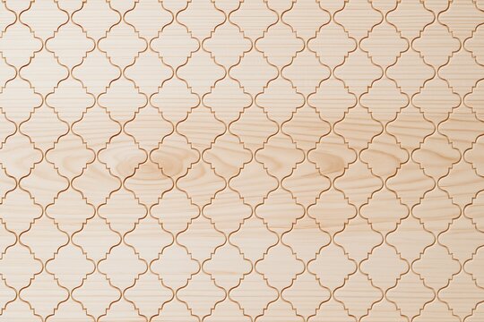 Abstract modern Japanese style background with a geometric wooden kumiko lattice pattern on a light wood texture
