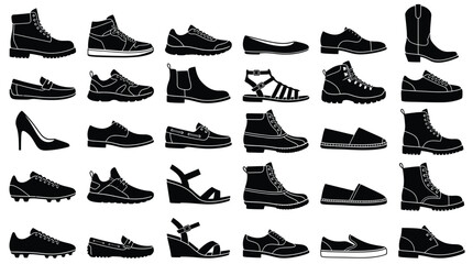 Obraz premium Collection of diverse footwear silhouettes presented as a clean black and white vector graphic illustration design