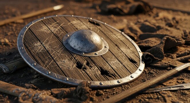 A weathered viking shield and spear laid on the ground, evoking ancient battles and historical reenactments