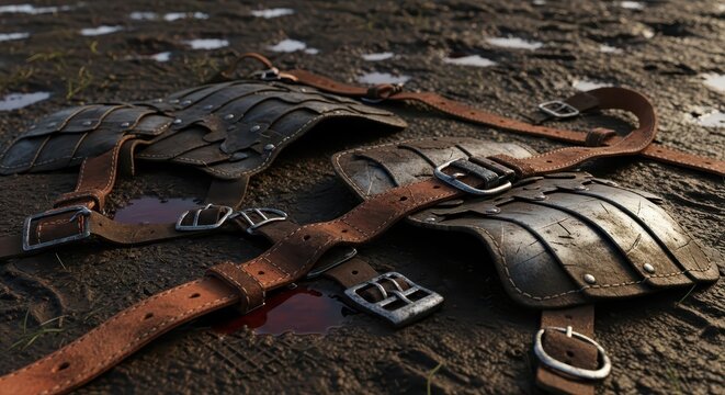 Battle-worn leather pauldrons and straps with bloodstains lying on muddy ground, concept of ancient warfare