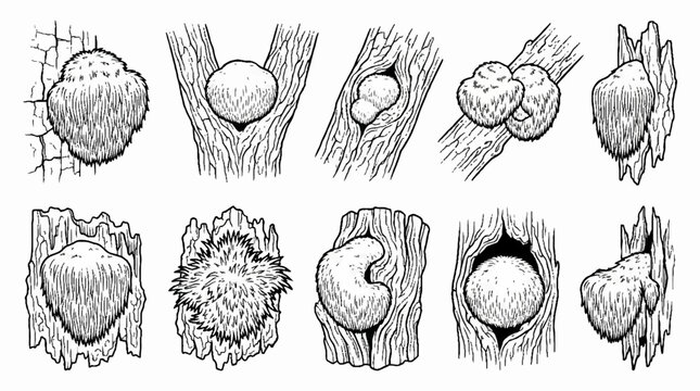 Collection of hand drawn tree burls and wood knots illustrations.