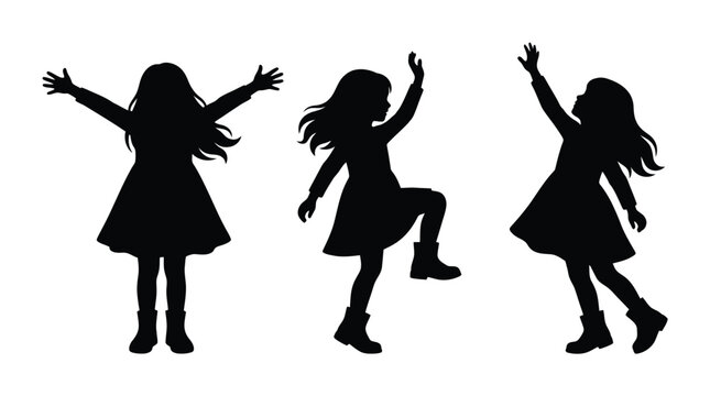 Silhouette vector illustration of happy little girls playing and dancing with joy on white background