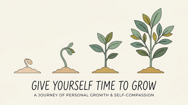 Give yourself time to grow self compassion concept botanical plant growth stages with life cycle