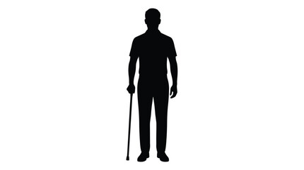 Solid black vector graphic silhouette showing an elderly man standing upright while holding his wooden cane © Touqeer