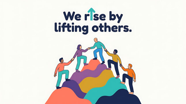 Illustration of people helping each other climb a colorful mountain representing teamwork