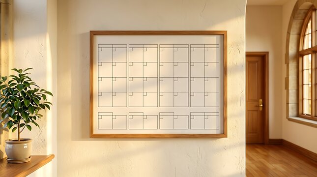 Minimalist blank wall planner in a bright sunlit interior