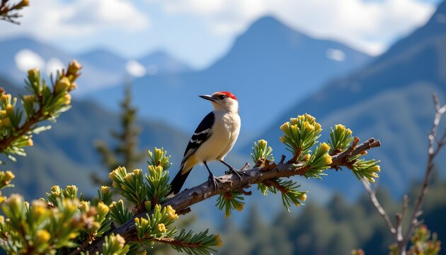 The image features a small bird perched on a branch of a coniferous tree, with bright green needle like leaves