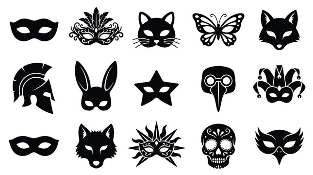 Decorative carnival masks and animal face vector graphic icons set for festive masquerade party design projects