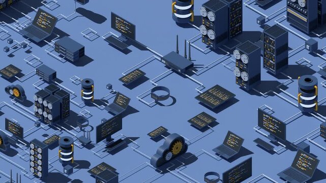 3D isometric data network management animation. Cloud storage data and synchronization of devices. Networking, database, cloud storage. Isometric technology. 4K video animated in isometric style
