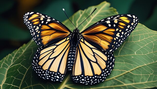Close-up of a Monarch butterfly resting on a vibrant green leaf showing intricate wing patterns