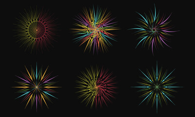 Fototapeta premium Colorful fireworks explodes in various shapes and sizes on dark background