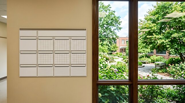 Blank white scheduling board next to a window with a garden view