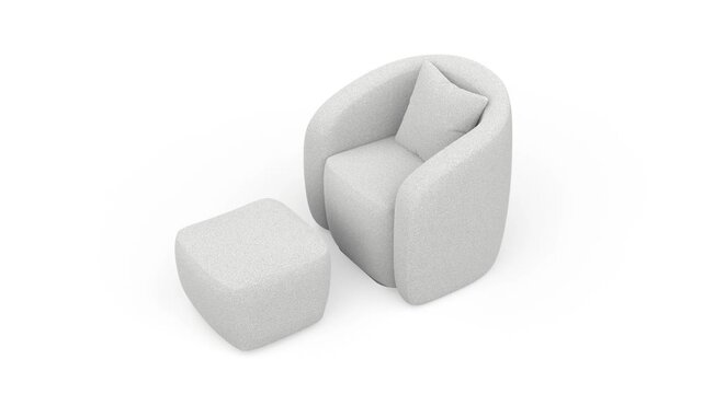 Modern boucle armchair with ottoman on white background