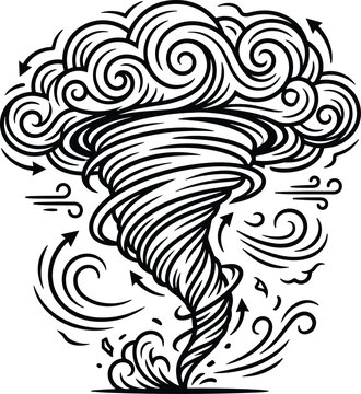 Tornado and storm line art vector illustration featuring an extreme weather twister funnel swirling cloud vortex wind gusts and natural disaster elements