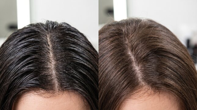 Before and after oily greasy scalp roots to light clean balanced hair