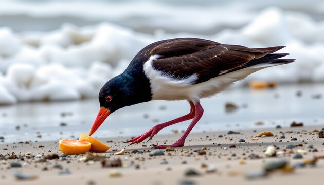 A black and white bird with a bright orange beak and pink legs is standing on a sandy shore, pecking at an orange object