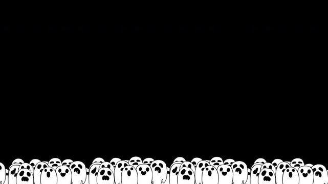 Seamless looping cartoon animation of cute, spooky ghosts at bottom edge on a transparent alpha channel for background overlays, decorative banners, social media content, Halloween holiday promotions.