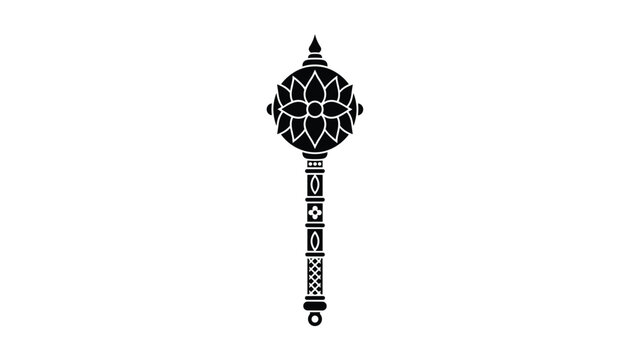 Detailed black silhouette of a traditional Indian gada mace weapon decorated with a lotus motif on a white background.