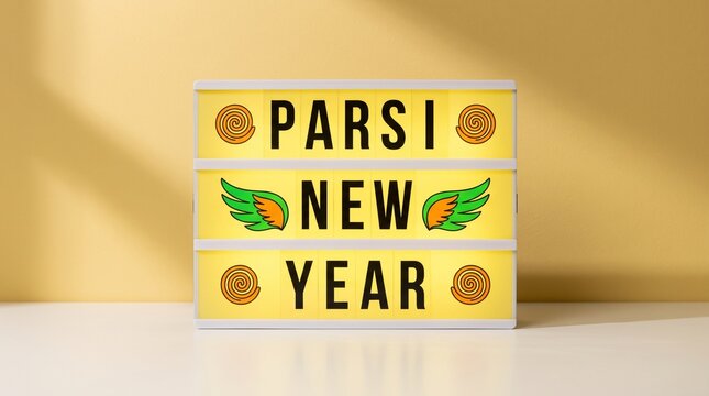 parsi new year celebration lightbox photography vibrant festive decor with wings and swirls on yellow background high contrast for greeting cards cultural events and marketing designs See Less