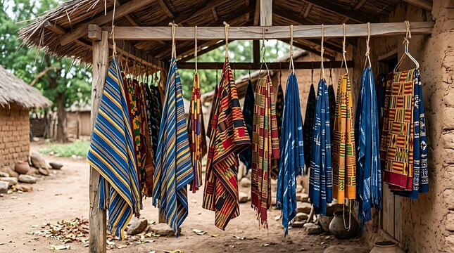 African traditional kente and indigo textiles hanging in a village