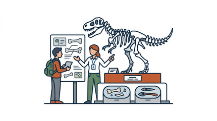 Paleontologists examining dinosaur skeleton exhibit. © Riki