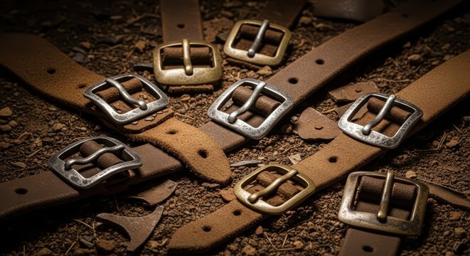 Close-up of vintage leather straps with metal buckles, antique, rustic, textured, and worn look