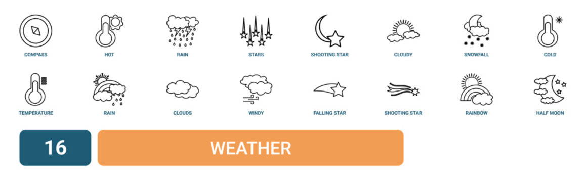 Set of 16 outline web Weather icons such as half moon, rainbow, shooting star, falling star, windy, clouds, rain vector icons for report, presentation, diagram, web design, mobile app