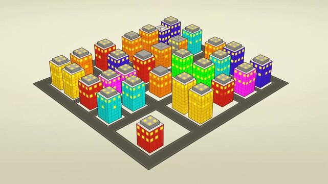 Aerial slow motion pan of colorful low poly buildings assembling and stacking on isometric grid platform in studio animation