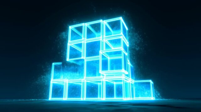 Tracking shot of glowing wireframe cubes assembling into stacked structure on dark reflective floor in studio
