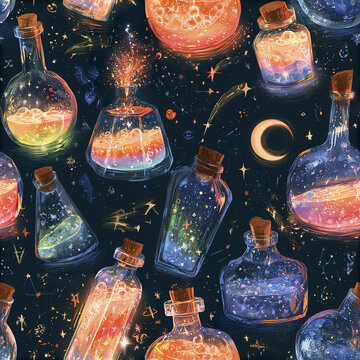 Celestial alchemy seamless pattern with glowing potion bottles and magical stars