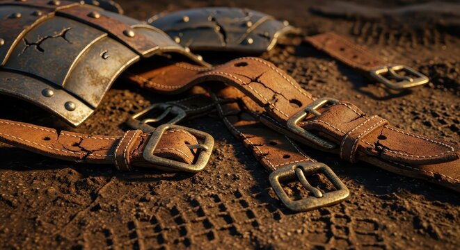 Close-up of worn leather straps and buckles from ancient armor resting on textured, sandy ground