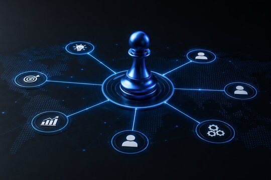Blue chess pawn on connected digital network with business strategy concept