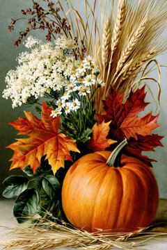 Vintage Autumn Harvest Still Life with Pumpkin &ndash; AI Generative