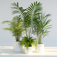 Fototapeta premium Tropical houseplants in modern pots with soft natural light for interior design concepts