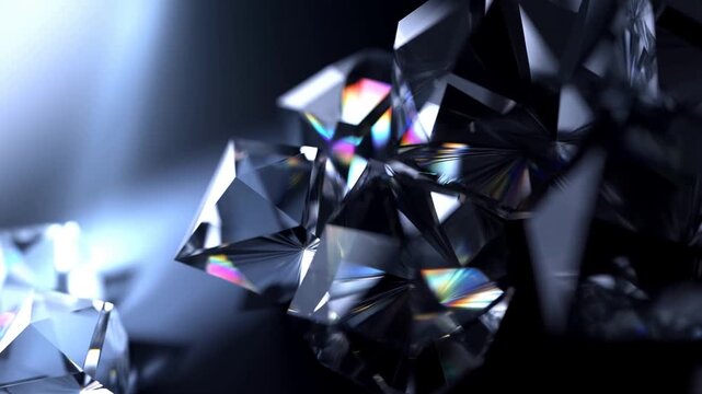 Slow motion close up of cut diamonds rotating and scattering light in dark studio setting