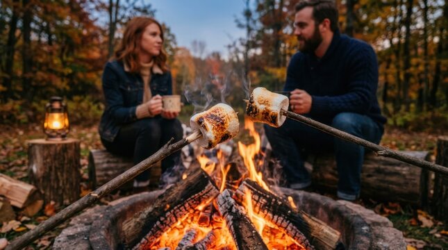Friends Enjoying Autumn Campfire