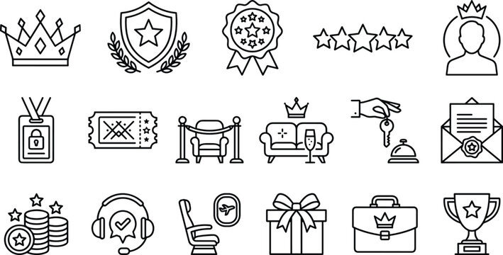 VIP luxury premium service and membership line icon set with crown five stars award trophy and hotel concierge symbols