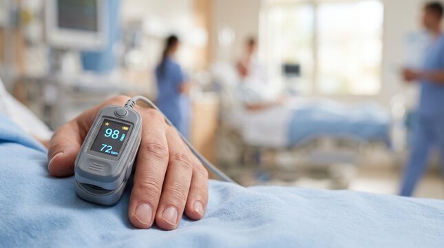 Patient with pulse oximeter in hospital bed.