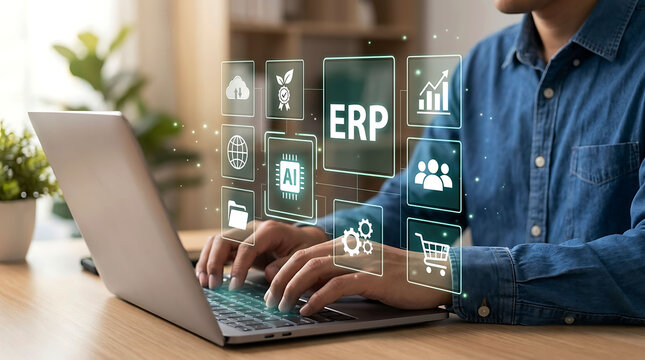 Businessman using ERP system with AI software on laptop for modern business enterprise