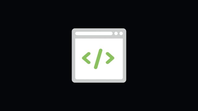 Animated Browser Window Icon with HTML Code Brackets and Mouse Click for Web Development, Coding, and Programming